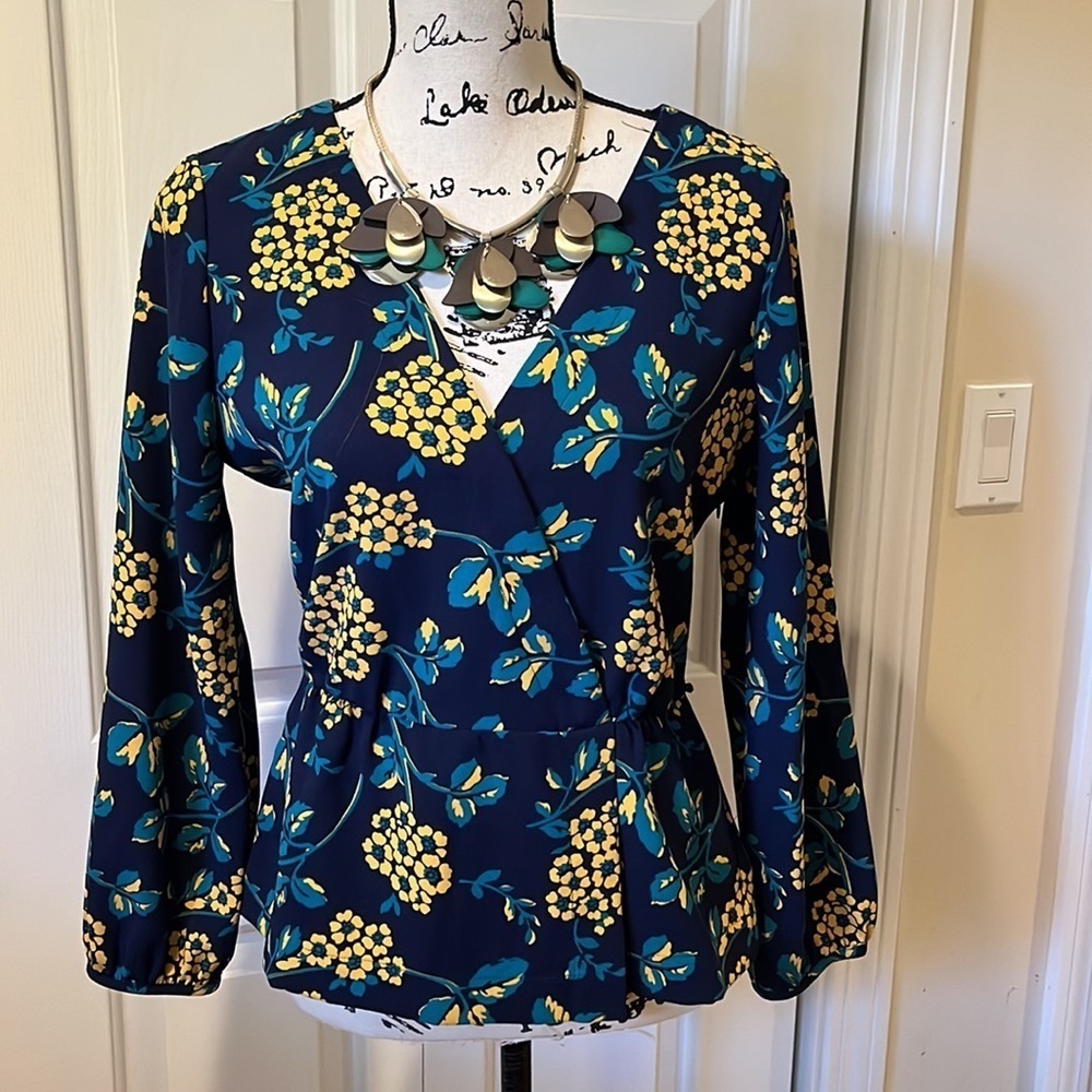 J. Crew Navy floral faux wrap long sleeve blouse Sz Small - Picture 2 of 10